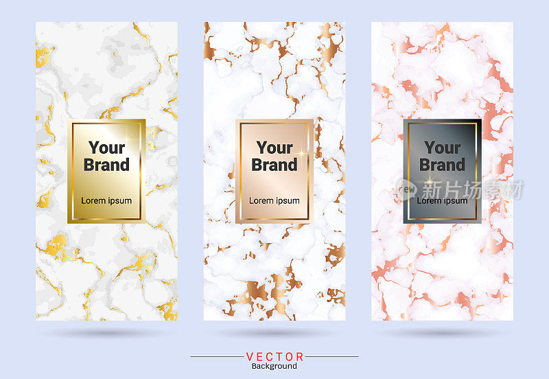 包装标签设计模板，适合奢侈品牌或高档产品大理石纹理，金箔和线性风格(Vector EPS10，完全可编辑的颜色变化)